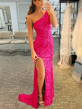 Glitters One Shoulder Hot Pink Sequins Mermaid Prom Dress EWQ002|Selinadress