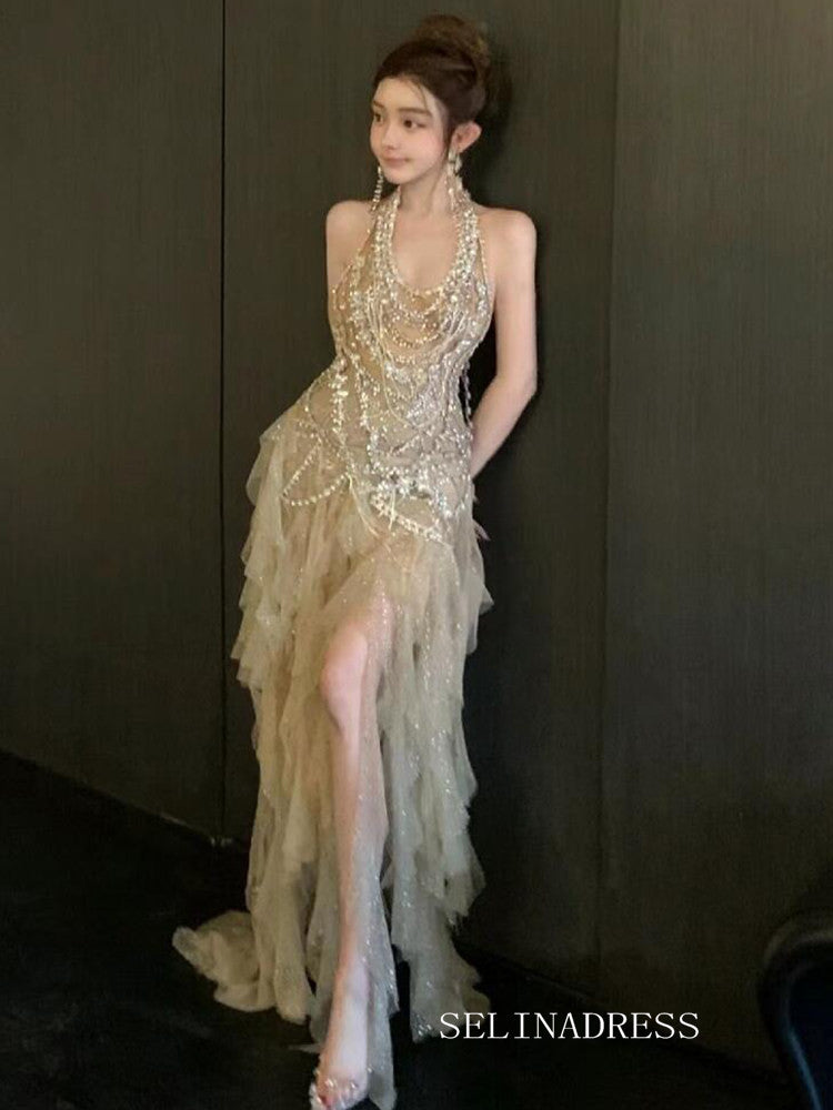 Elegant Halter Sparkly Beaded Tulle Long Prom Dresses Evening Dresses YY003|Selinadress