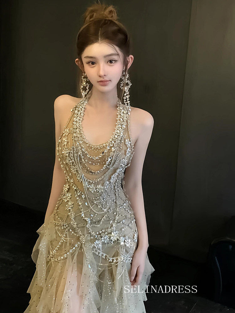 Elegant Halter Sparkly Beaded Tulle Long Prom Dresses Evening Dresses YY003|Selinadress