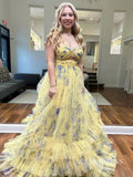 Elegant Spaghetti Straps Yellow Print Floral Long Prom Dress lps014|Selinadress