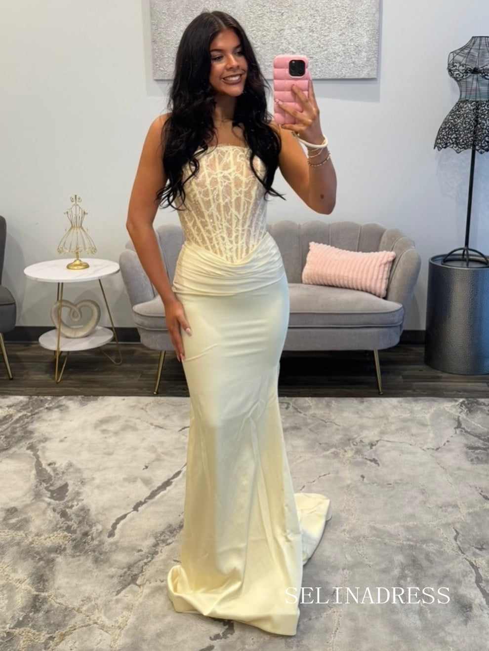 Elegant Strapless Lace-Bodice Gown with a Sleek Satin Skirt COK046|Selinadress
