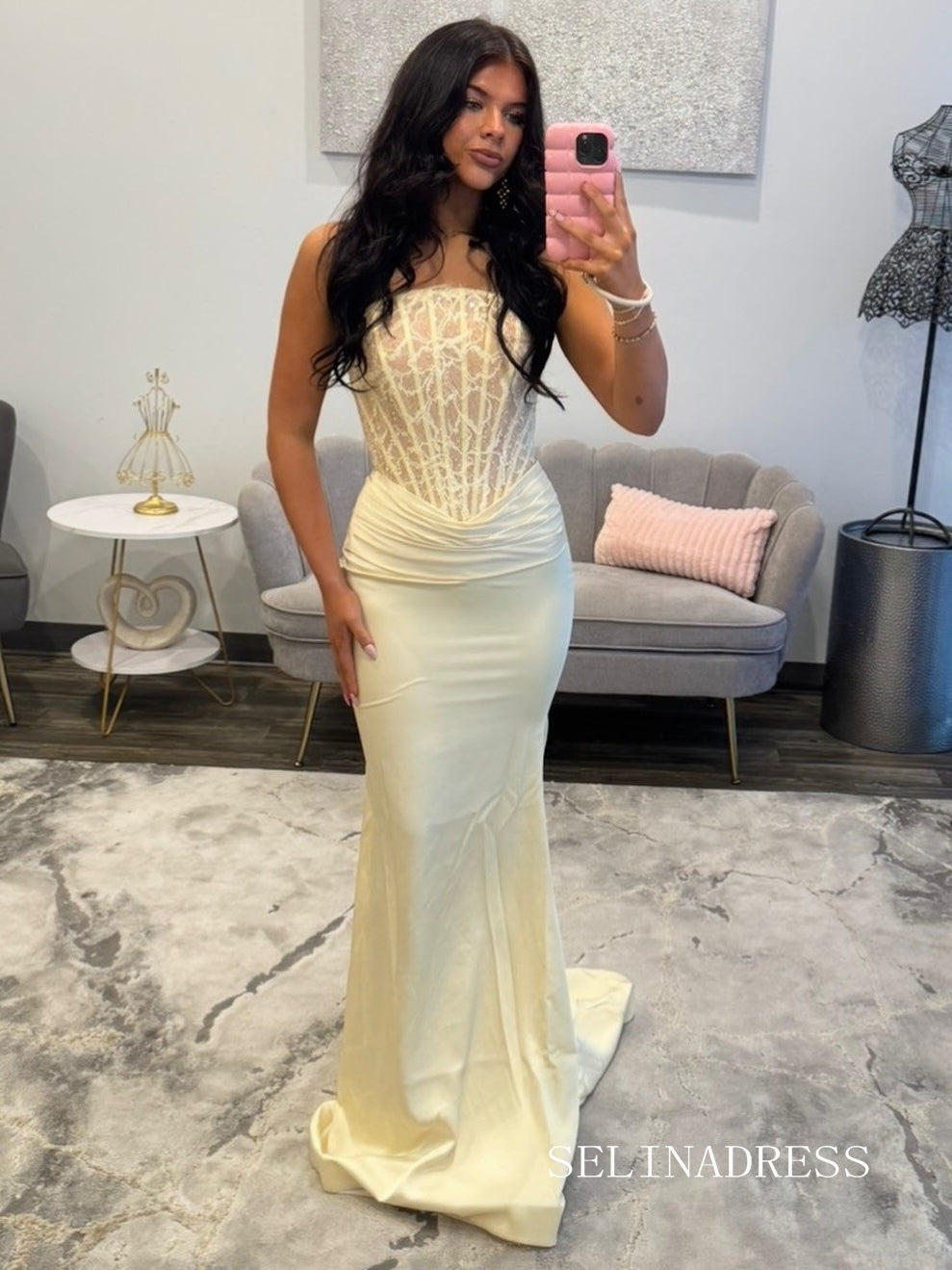 Elegant Strapless Lace-Bodice Gown with a Sleek Satin Skirt COK046|Selinadress