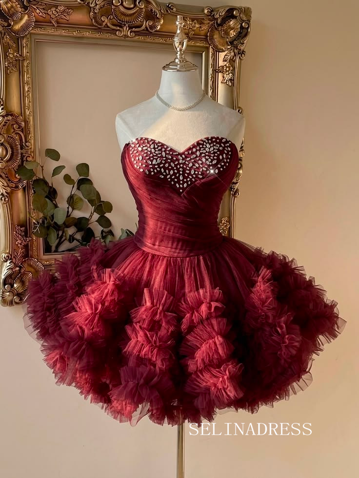 Embellished Sweetheart Neckline Burgundy Tulle Short Ball Gown cok076|Selinadress