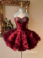Embellished Sweetheart Neckline Burgundy Tulle Short Ball Gown cok076|Selinadress