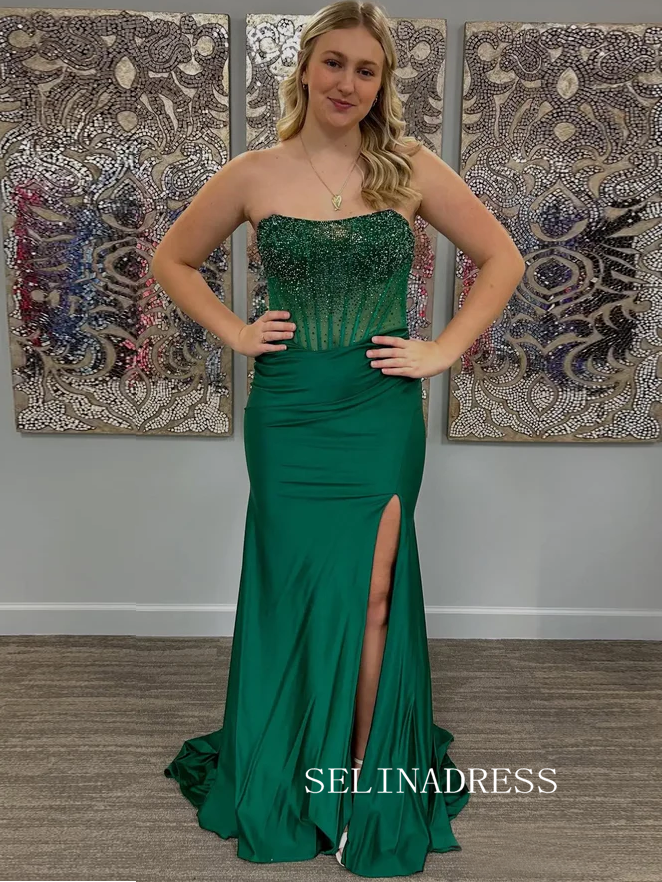 Emerald Green Strapless Prom Dress With Beaded & High Slit SEA212|Selinadress
