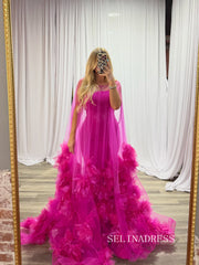 Enchanting Floral Tulle Evening Gown in Vibrant Fuchsia COK039|Selinadress