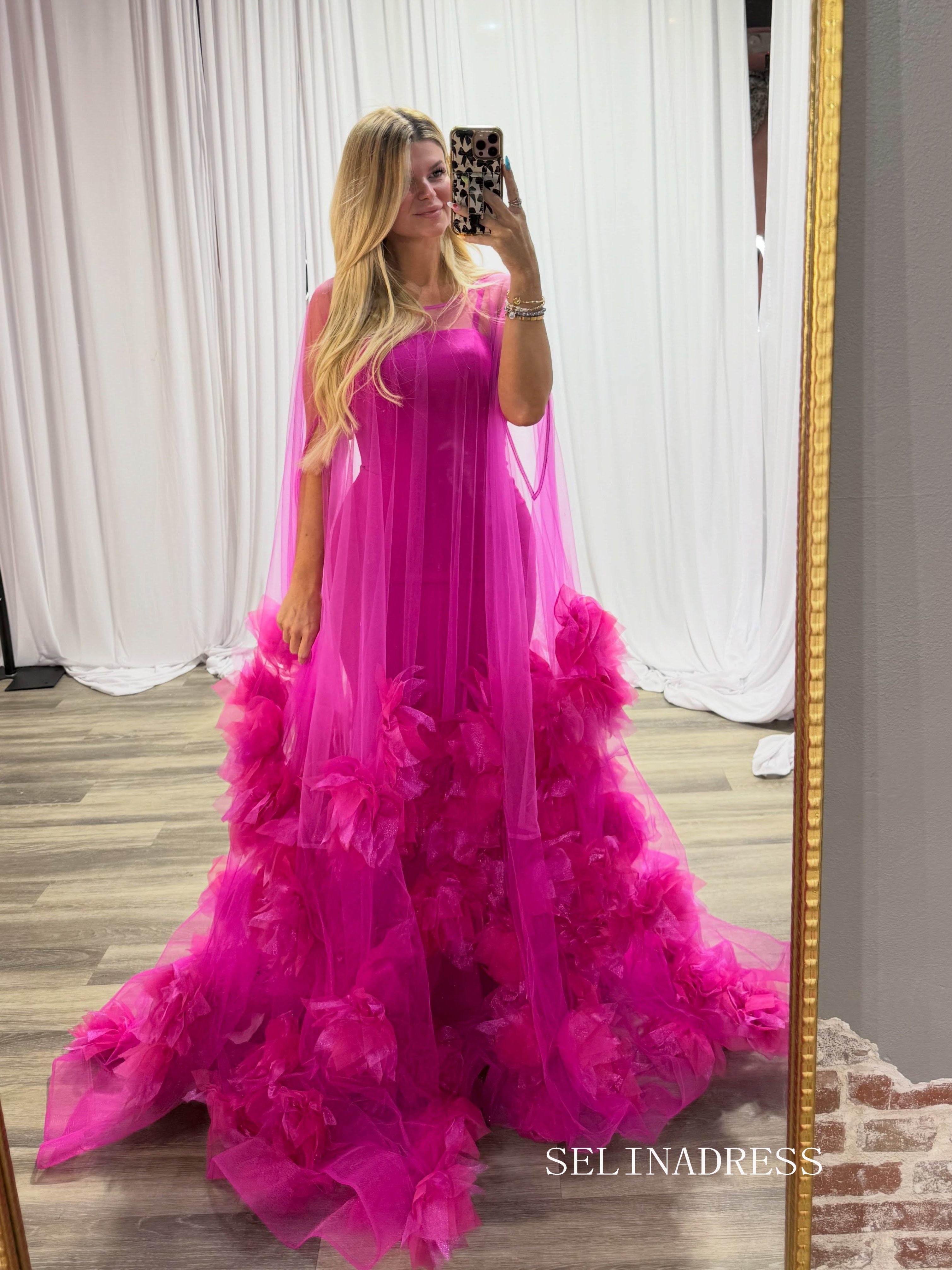 Enchanting Floral Tulle Evening Gown in Vibrant Fuchsia COK039|Selinadress