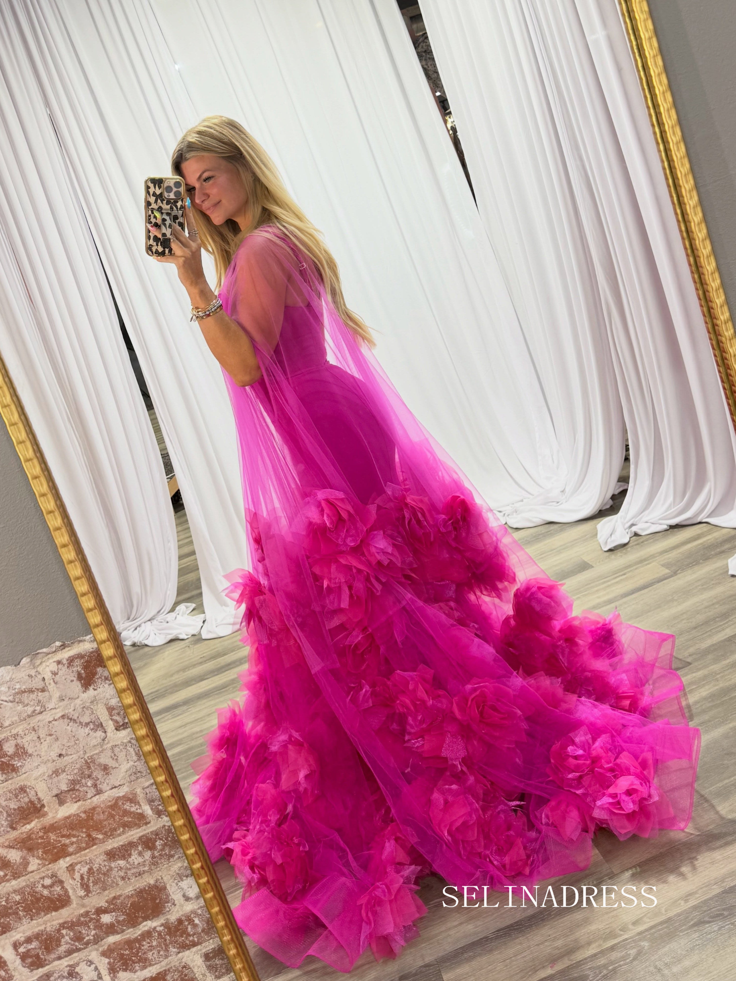 Enchanting Floral Tulle Evening Gown in Vibrant Fuchsia COK039|Selinadress