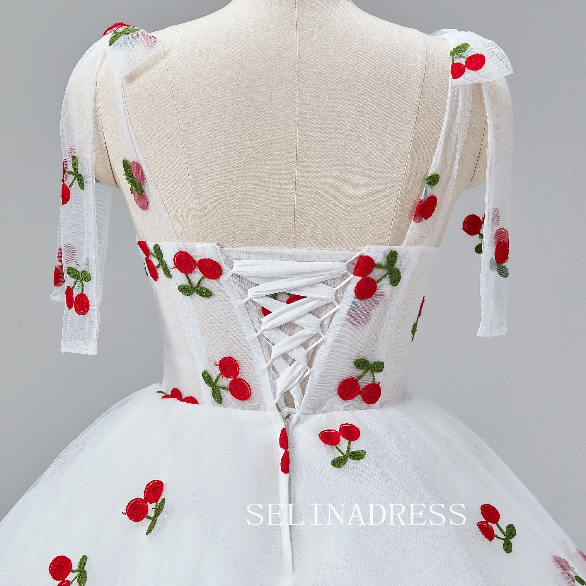 Fairytale White Cherry Long Prom Dress Ruffle Spaghetti Straps Formal SELINADRESS Fairytale White Cherry Long Prom Dress Ruffle Spaghetti Straps Formal SELINADRESS