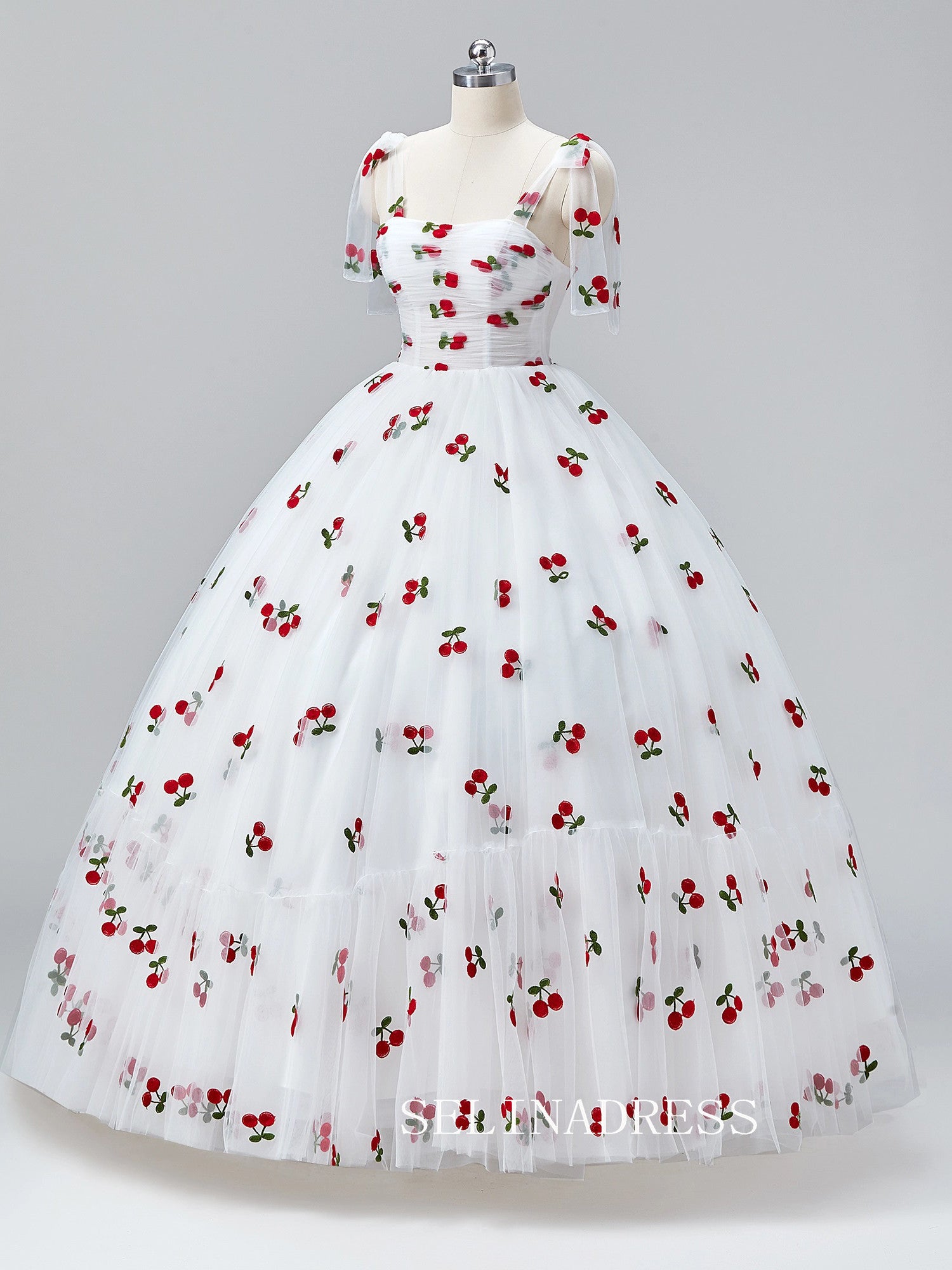 Fairytale White Cherry Long Prom Dress Ruffle Spaghetti Straps Formal SELINADRESS Fairytale White Cherry Long Prom Dress Ruffle Spaghetti Straps Formal SELINADRESS