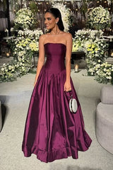 A-Line Satin Strapless Maxi Party Prom Dress Evening Dress lck009