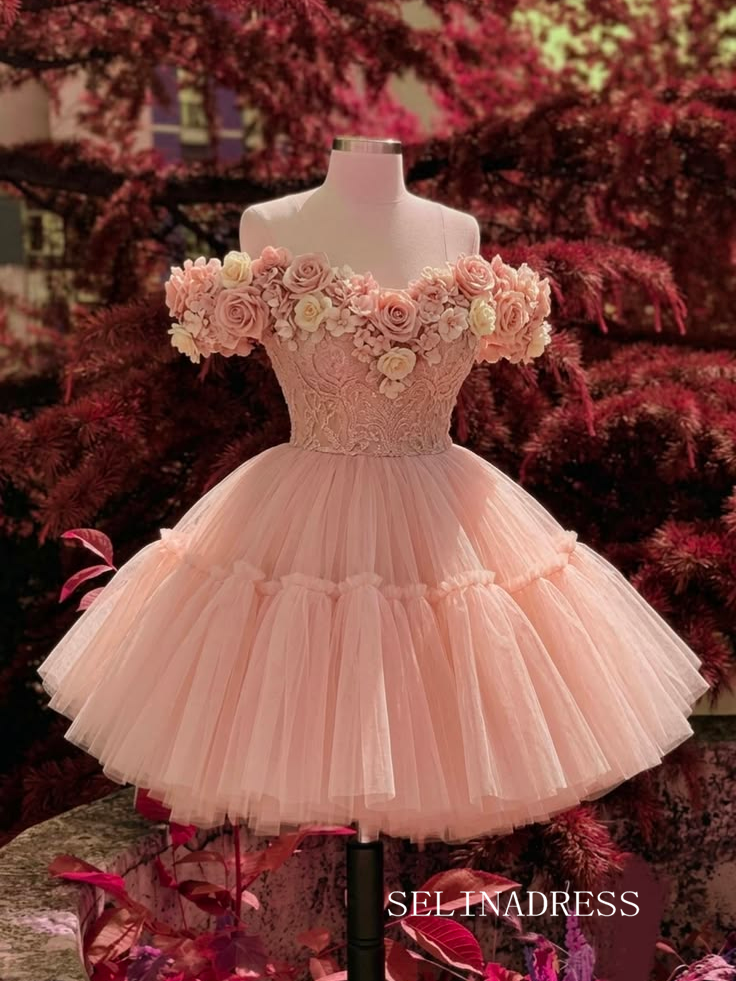Floral-Embellished Off-Shoulder Pink Tulle Mini Ball Gown cok074|Selinadress