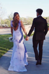 Mermaid V-Neck Floral Straps Backless Satin Party Prom Dress lck018