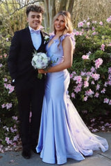 Mermaid V-Neck Floral Straps Backless Satin Party Prom Dress lck018