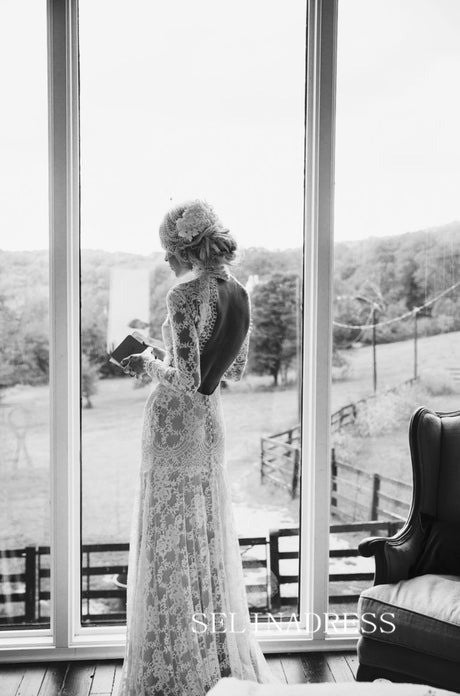 High Neck Open Back Boho Lace Mermaid Wedding Dresses with Long Sleeves GRK015|Selinadress