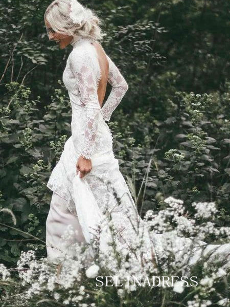 High Neck Open Back Boho Lace Mermaid Wedding Dresses with Long Sleeves GRK015|Selinadress