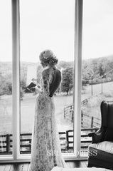 High Neck Open Back Boho Lace Mermaid Wedding Dresses with Long Sleeves GRK015|Selinadress