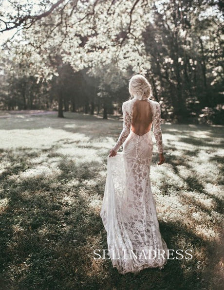 High Neck Open Back Boho Lace Mermaid Wedding Dresses with Long Sleeves GRK015|Selinadress