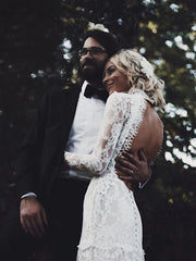 High Neck Open Back Boho Lace Mermaid Wedding Dresses with Long Sleeves GRK015|Selinadress