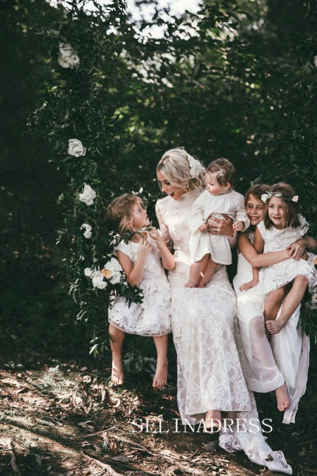 High Neck Open Back Boho Lace Mermaid Wedding Dresses with Long Sleeves GRK015|Selinadress