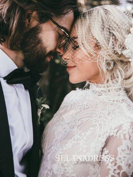 High Neck Open Back Boho Lace Mermaid Wedding Dresses with Long Sleeves GRK015|Selinadress