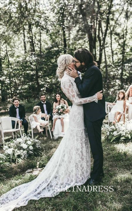 High Neck Open Back Boho Lace Mermaid Wedding Dresses with Long Sleeves GRK015|Selinadress