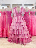 Glitter Tie Straps Pink Plunging Neck Tiered Long Prom Dress lpk578|Selinadress