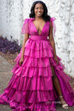 Glitter Tie Straps Pink Plunging Neck Tiered Long Prom Dress lpk578|Selinadress