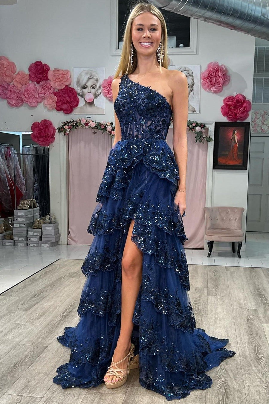 Gold One Shoulder Lace Layered Long Prom Dress With Slit lpk558 SELINADRESS Gold One Shoulder Lace Layered Long Prom Dress With Slit lpk558 SELINADRESS