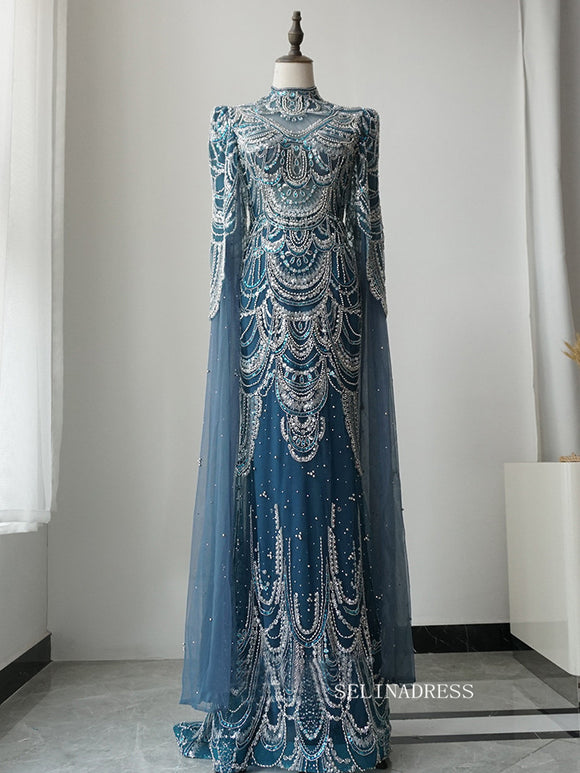 Gorgeous High Neck Long Sleeve Luxury Long Prom Dress Blue Beaded Evening Dress Formal Gown FUE018|Selinadress