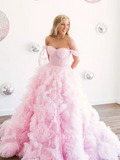 Gorgeous Off-the-shoulder Pink Frill Layered Gown Long Prom Dress sea080