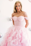 Gorgeous Off-the-shoulder Pink Frill Layered Gown Long Prom Dress sea080