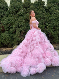 Gorgeous Off-the-shoulder Pink Frill Layered Gown Long Prom Dress sea080|Selinadress