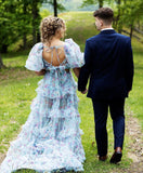 Gorgeous Two Pieces Prom Dress Elegant Puff Sleeve Long Formal Gown Floral Dress #LOP606|Selinadress
