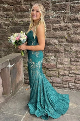 Mermaid Green Lace V-Neck Strapless Empire Party Prom Dress lck014