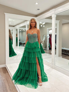 Green Sweetheart Long Prom Dress Layered Tulle High Split Beaded Evening Gowns LPK213|Selinadress