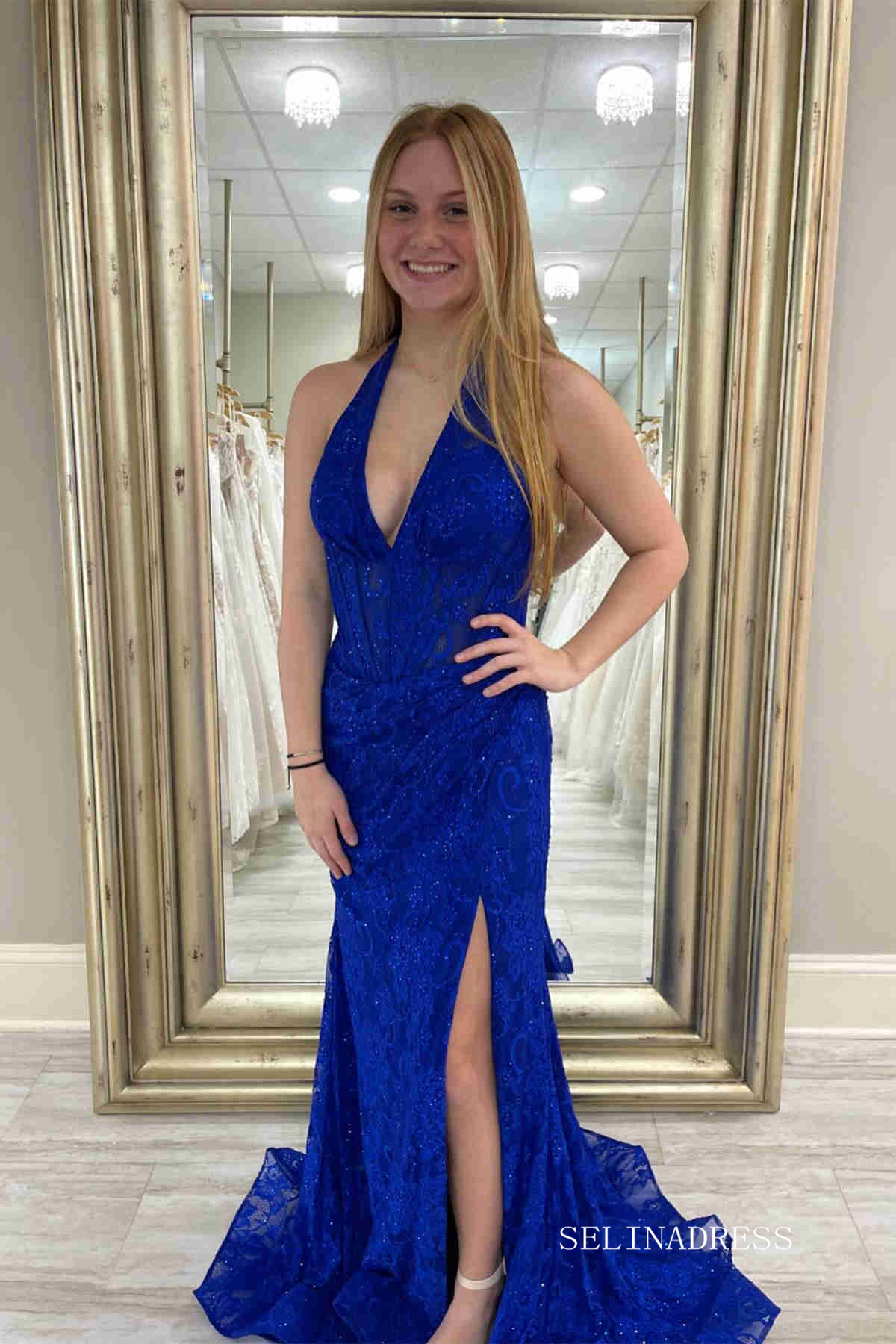 Halter Hot Pink Lace Ruched Mermaid Prom Dress With Slit lpk574 SELINADRESS Halter Hot Pink Lace Ruched Mermaid Prom Dress With Slit lpk574 SELINADRESS
