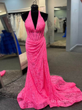 Halter Hot Pink Lace Ruched Mermaid Prom Dress With Slit lpk574|Selinadress