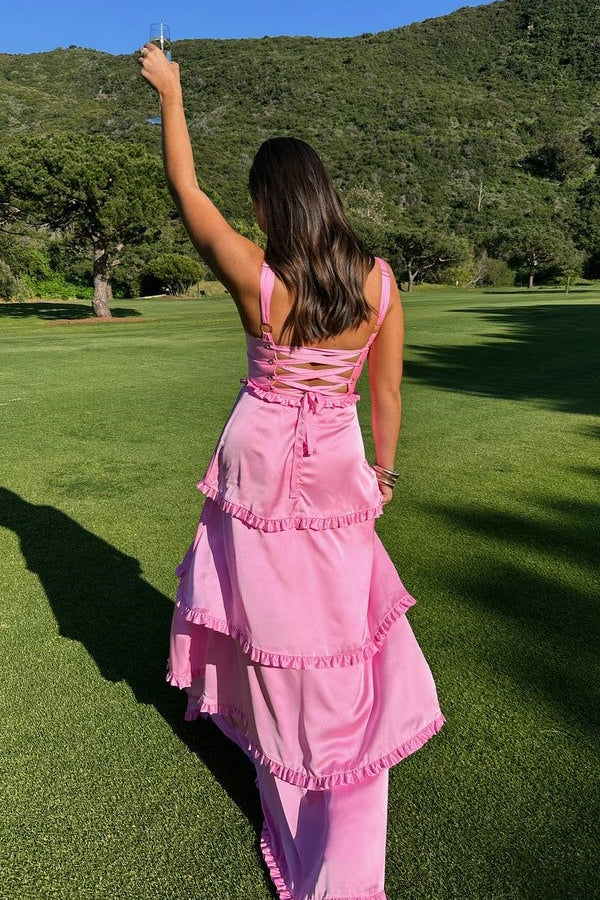 Hot Pink Ruffle Slit Bridesmaid Dress with Lace-up SEV006 SELINADRESS Hot Pink Ruffle Slit Bridesmaid Dress with Lace-up SEV006 SELINADRESS