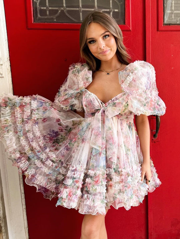 A-line Puff Sleeve Beautiful Floral Short Prom Dress Cute Tulle Homecoming Dress lop248A|Selinadress