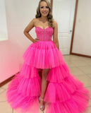 Gorgeous Sweetheart Hot Pink Lace Long Prom Dresses High Low Layered Formal Dresses JKW124|Selinadress
