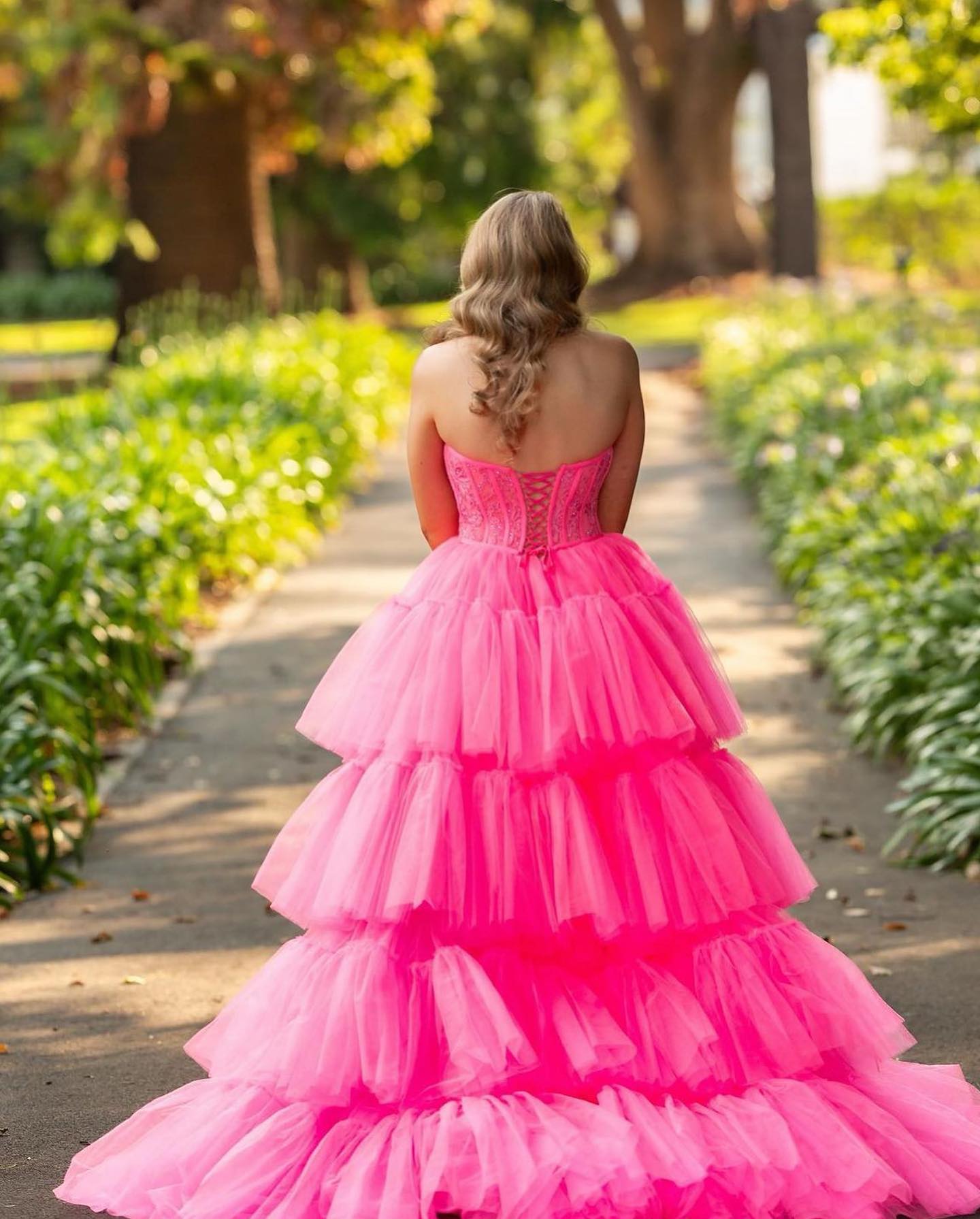 Gorgeous Sweetheart Hot Pink Lace Long Prom Dresses High Low Layered F ...