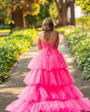 Gorgeous Sweetheart Hot Pink Lace Long Prom Dresses High Low Layered Formal Dresses JKW124|Selinadress