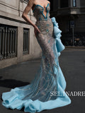 Luxury Mermaid Strapless Beaded Blue Long Evening Gown lpk939|Selinadress