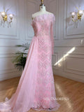 Luxury Sheath One Shoulder Beaded Prom Dress With Long Sleeve Overskirt Evening Gowns LA71649