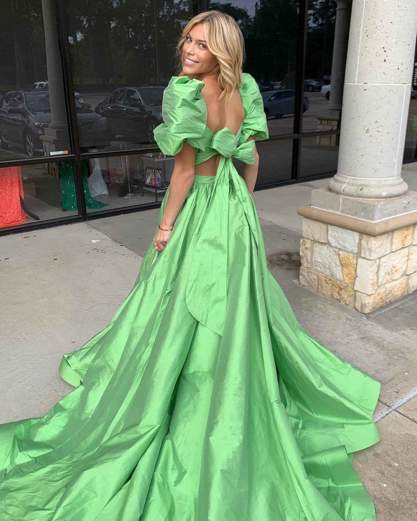 Chic Two Pieces Green Long Prom Dresses Elegant Puff Sleeve Cheap Even SELINADRESS Chic Two Pieces Green Long Prom Dresses Elegant Puff Sleeve Cheap Even SELINADRESS