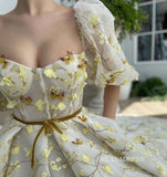 Yellow Midi Dress With Embroidery Floral Prom Dresses 2023 Beautiful Evening Gowns #LPO005|Selinadress