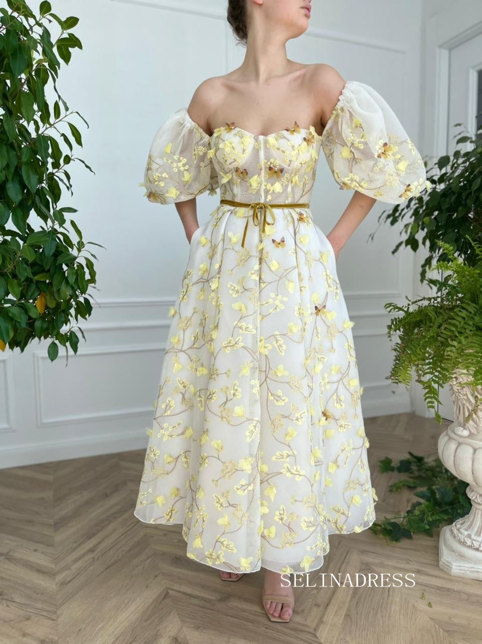 Yellow Midi Dress With Embroidery Floral Prom Dresses 2023 Beautiful E – SELINADRESS Yellow Midi Dress With Embroidery Floral Prom Dresses 2023 Beautiful E – SELINADRESS