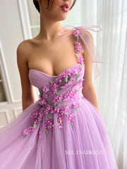 Lavender One Shoulder A-line Tea Length Floral Prom Dresses TUN015|Selinadress