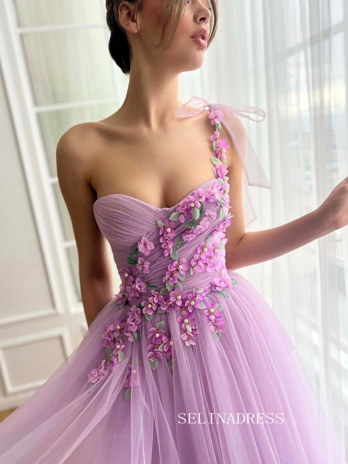 Lavender One Shoulder A-line Tea Length Floral Prom Dresses TUN015|Selinadress